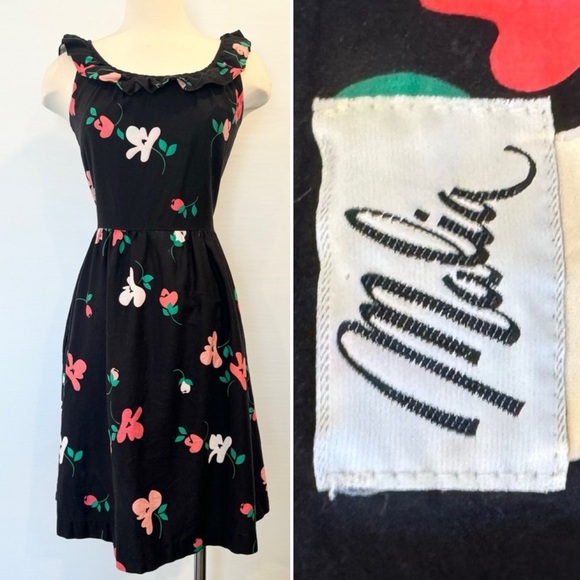Malia Authentic Vintage Hawaiian Black Floral Print Fit & Flare Sundress Dress - Picture 1 of 9
